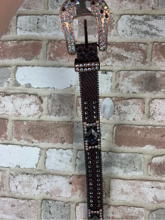 Nocona N3417002 Brown Calf Hair Leather Studded Iridescent Rhinestone Belt Large - Picture 7 of 12